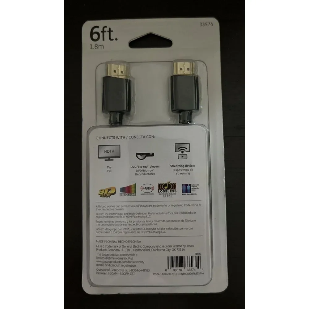 HDMI cable, GE 6ft. 1.8m, Full HD/4K Ultra HD Gold Plated Lossless Sound (33574)
